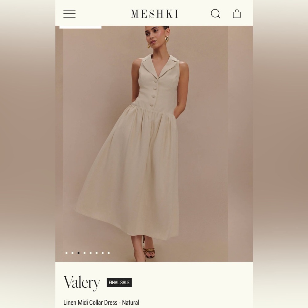 Meshki Valery Midi linen drop waist collared sleeveless button detail dress NWT